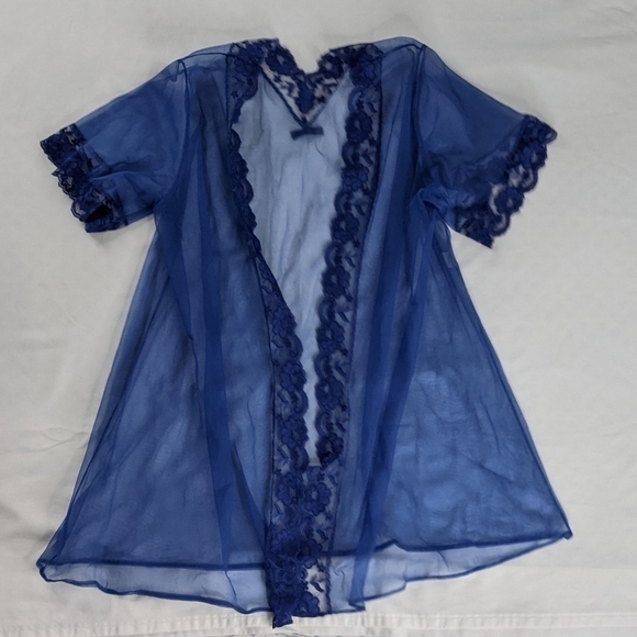VTG Sheer Blue Lace Open Front Nightgown Cover Up Robe With Bow - Picture 13 of 13
